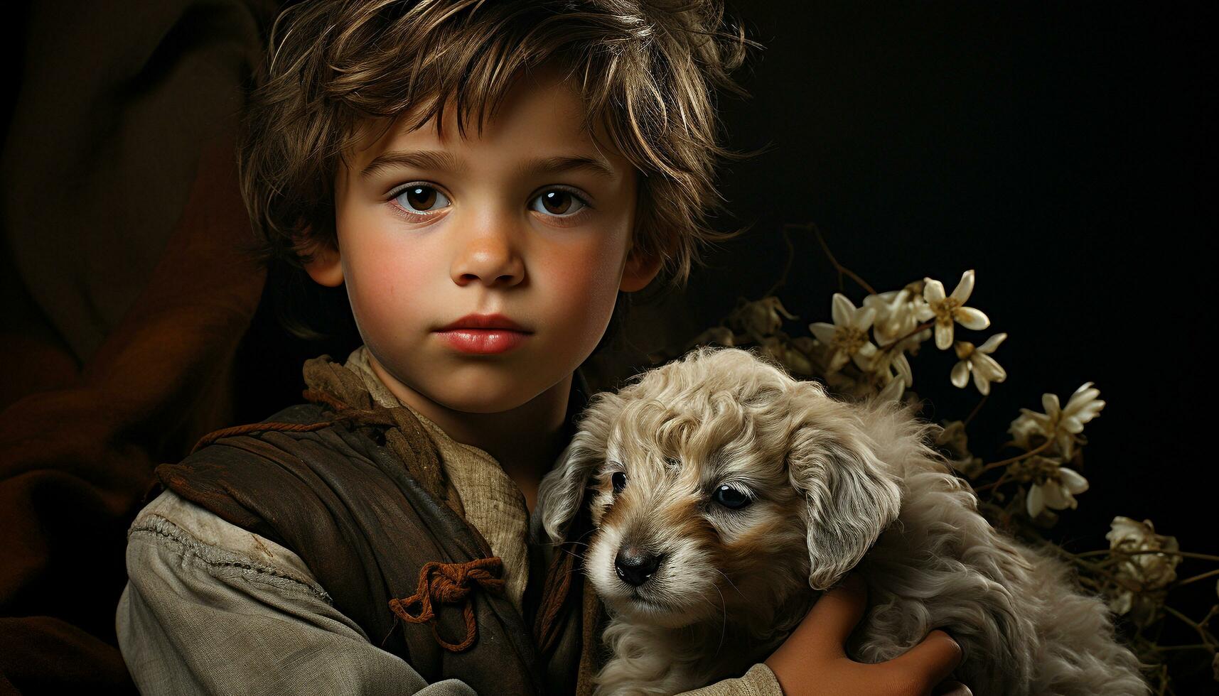 Cute child embraces small puppy, pure love and innocence generated by AI photo