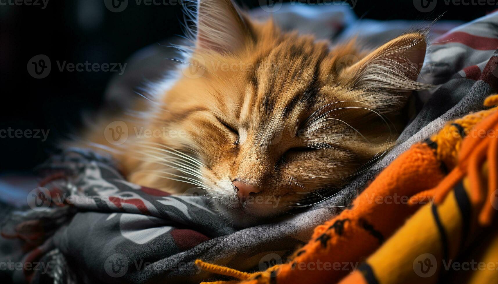 Cute kitten resting, fluffy fur, softness, pampered and comfortable generated by AI photo