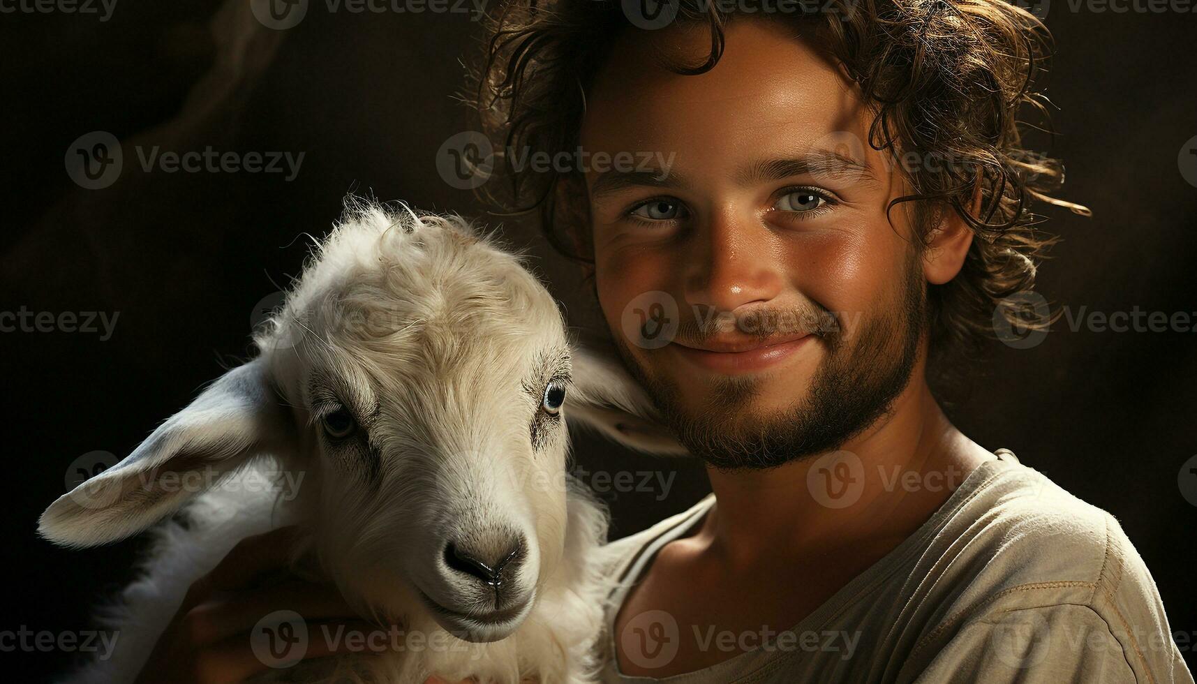 Smiling child and goat, happiness in rural farm generated by AI photo