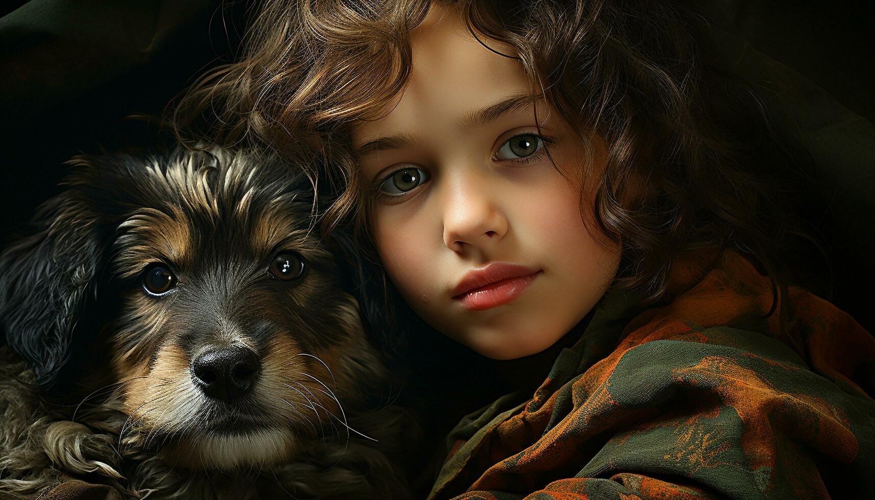 Cute puppy and child embrace, pure joy and love generated by AI photo