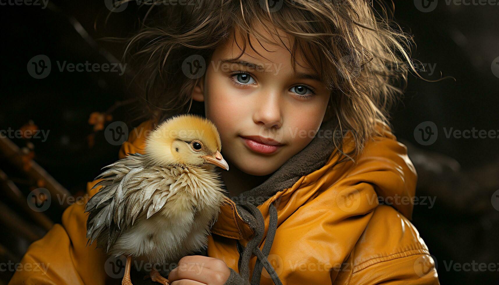 Cute child smiling, looking at camera with baby chicken generated by AI photo
