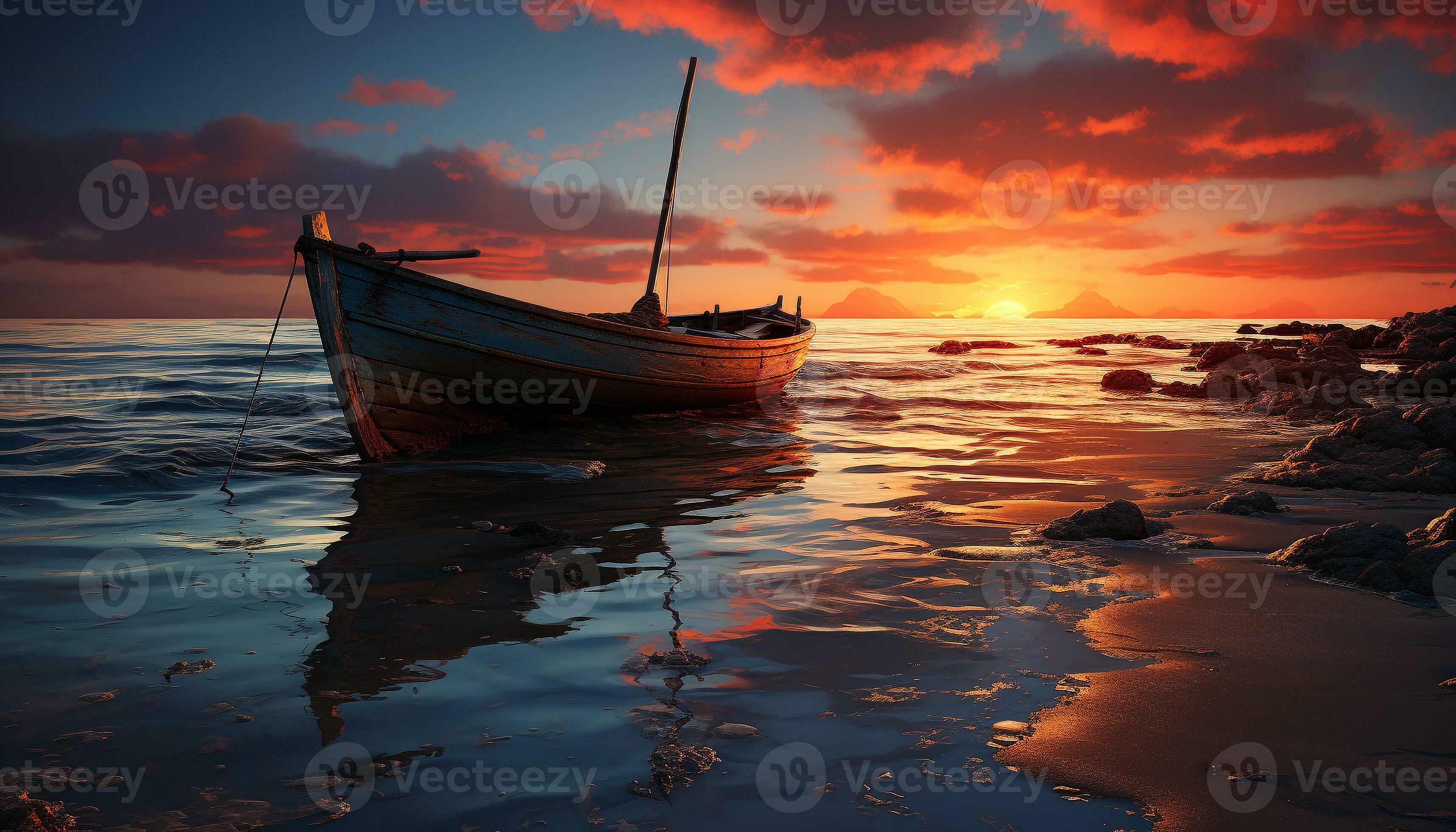 Sunset over tranquil water, a nautical vessel sails into dusk generated