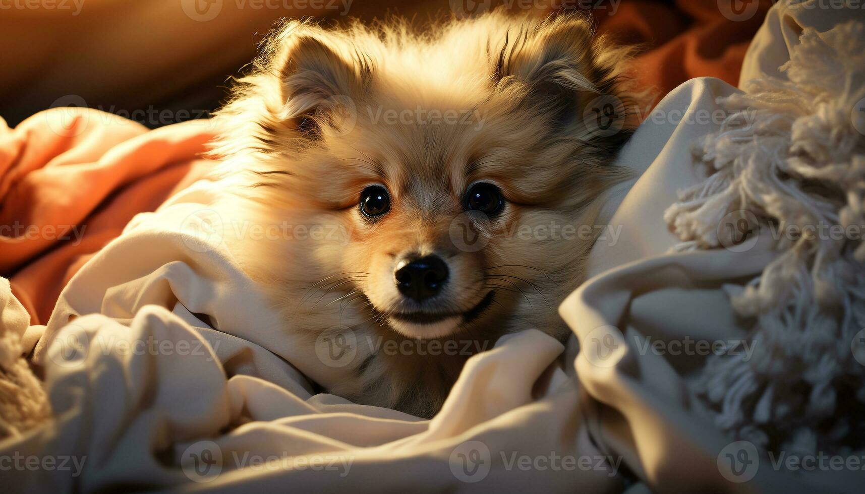 Cute puppy sitting on bed, looking at camera, playful generated by AI photo