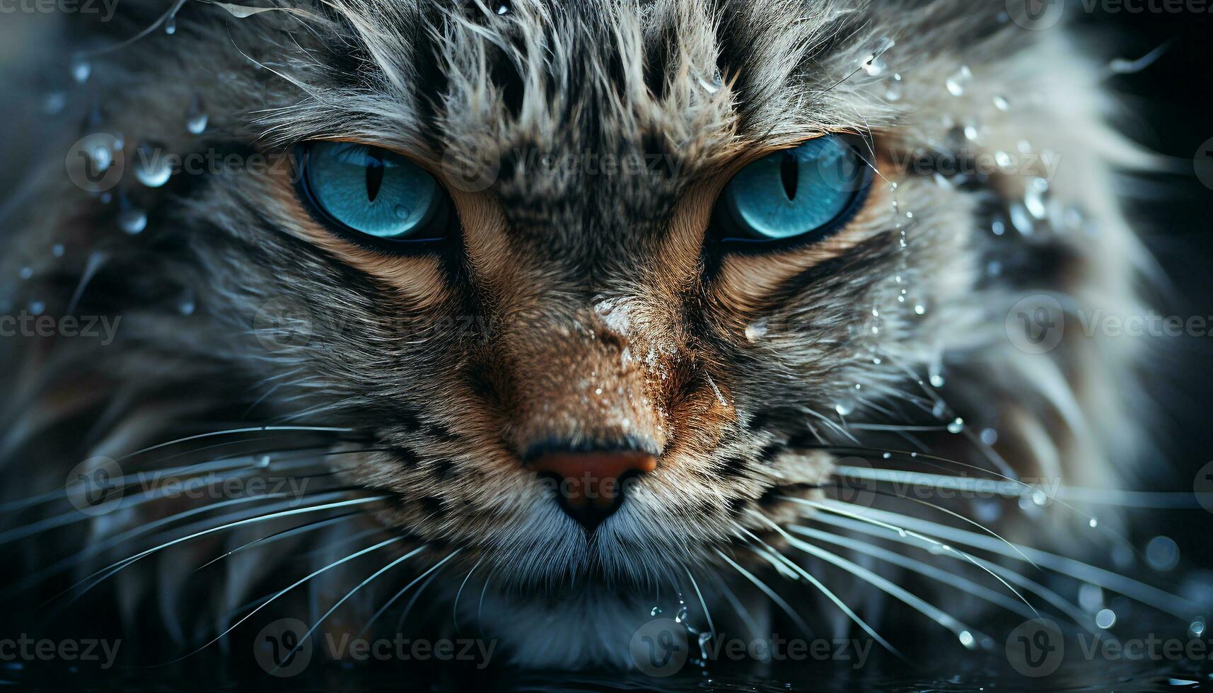 Cute kitten staring, wet fur, blue eyes, nature beauty generated by AI photo