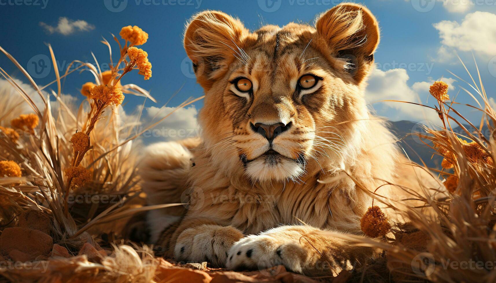 Majestic lioness hiding in grass, looking at camera, serene sunset generated by AI photo