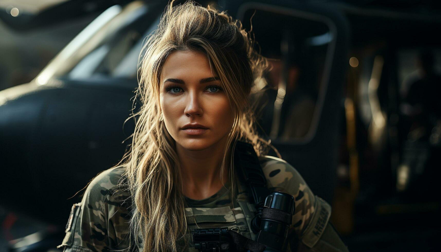 A confident young woman driving, looking at camera with elegance generated by AI photo