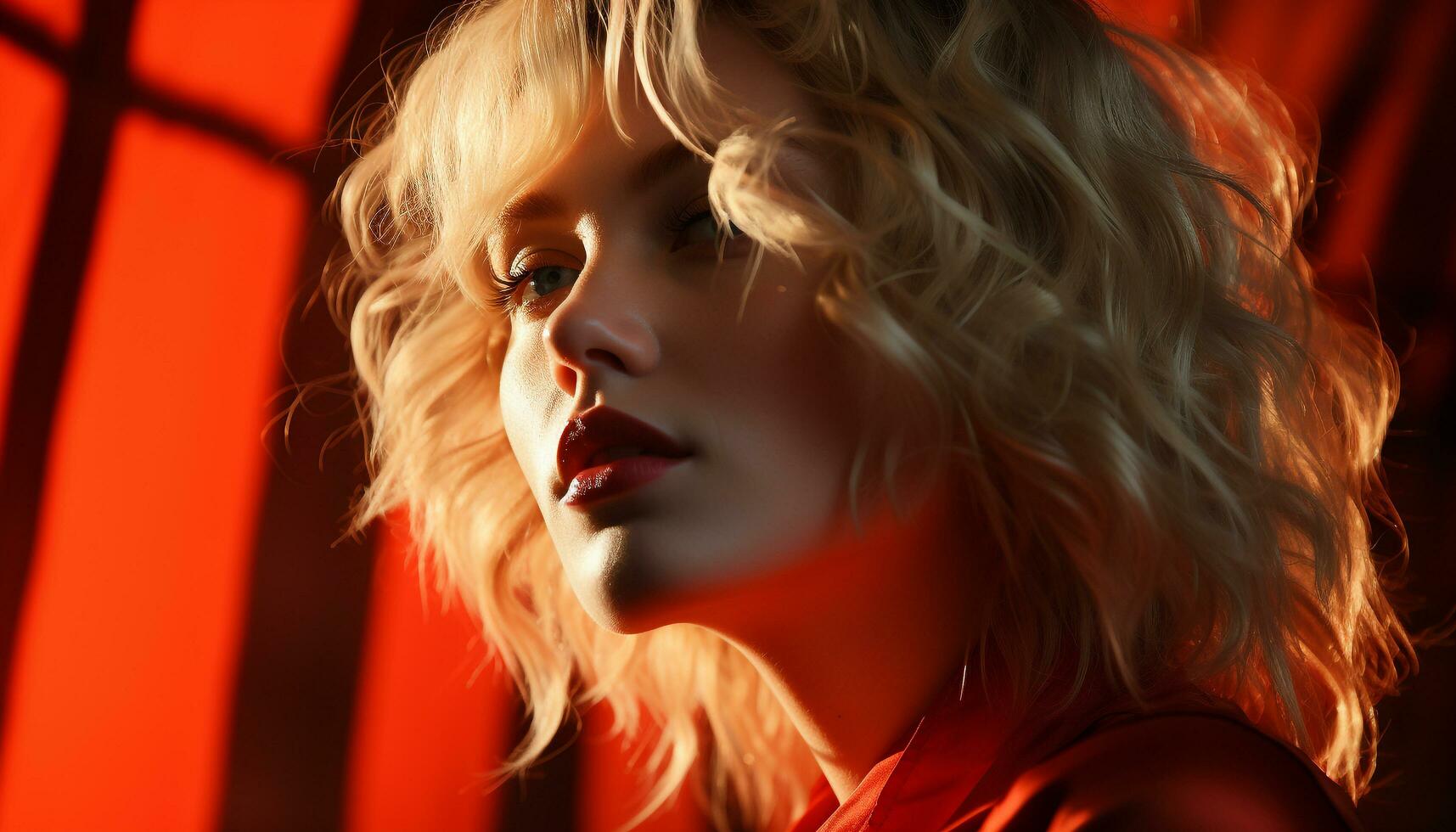 Young woman with long blond hair, looking sensually at camera generated by AI photo