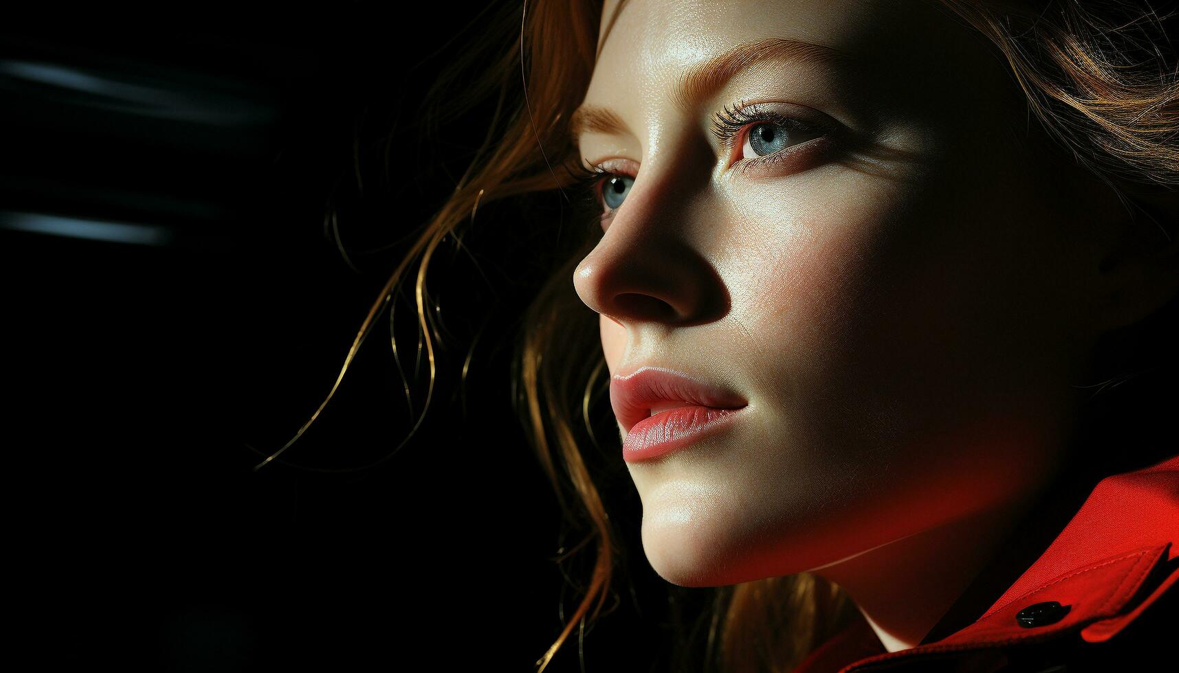 Young woman with long brown hair looking at camera generated by AI photo