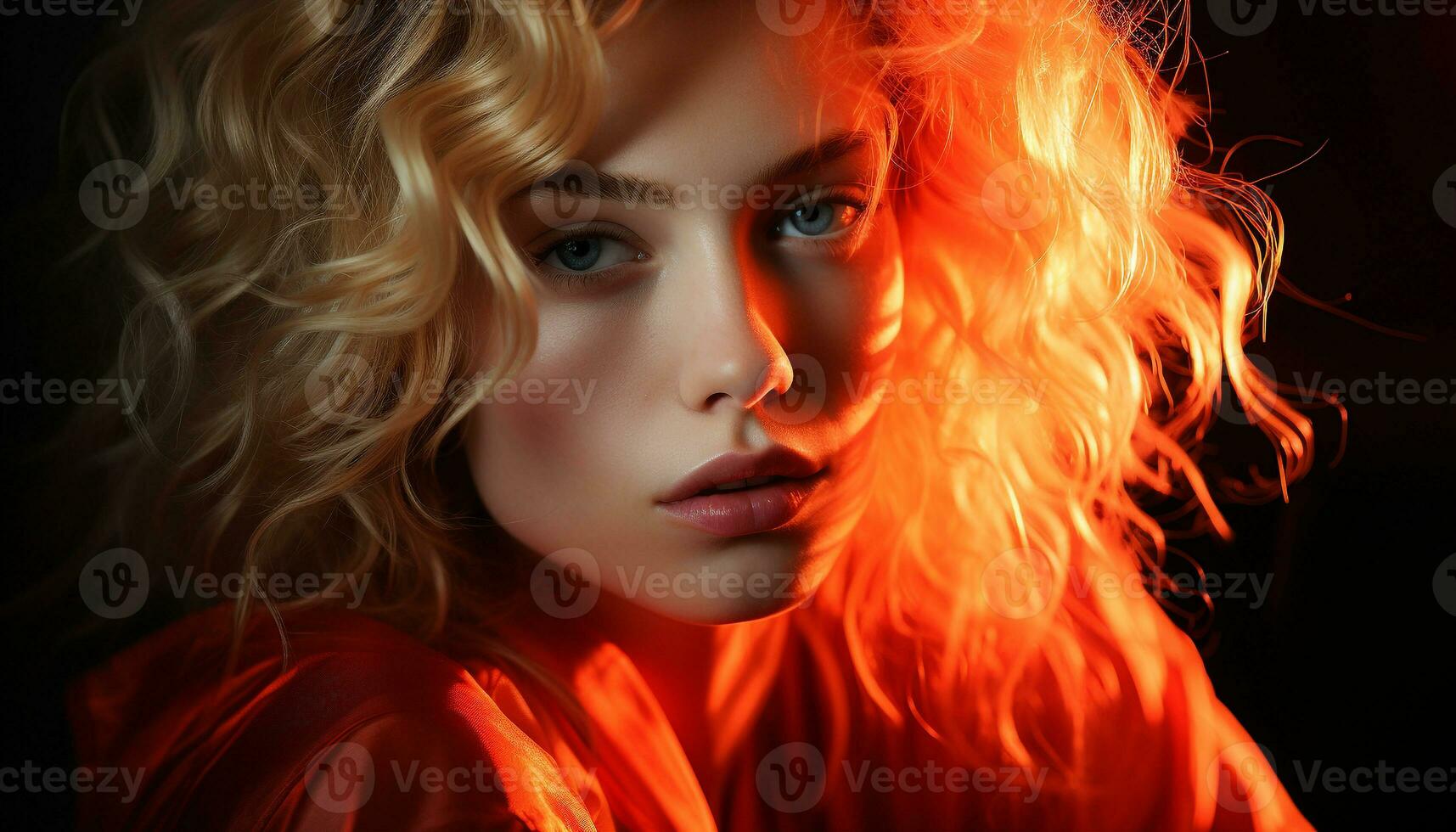 Beautiful blond woman with curly hair looking at camera generated by AI photo