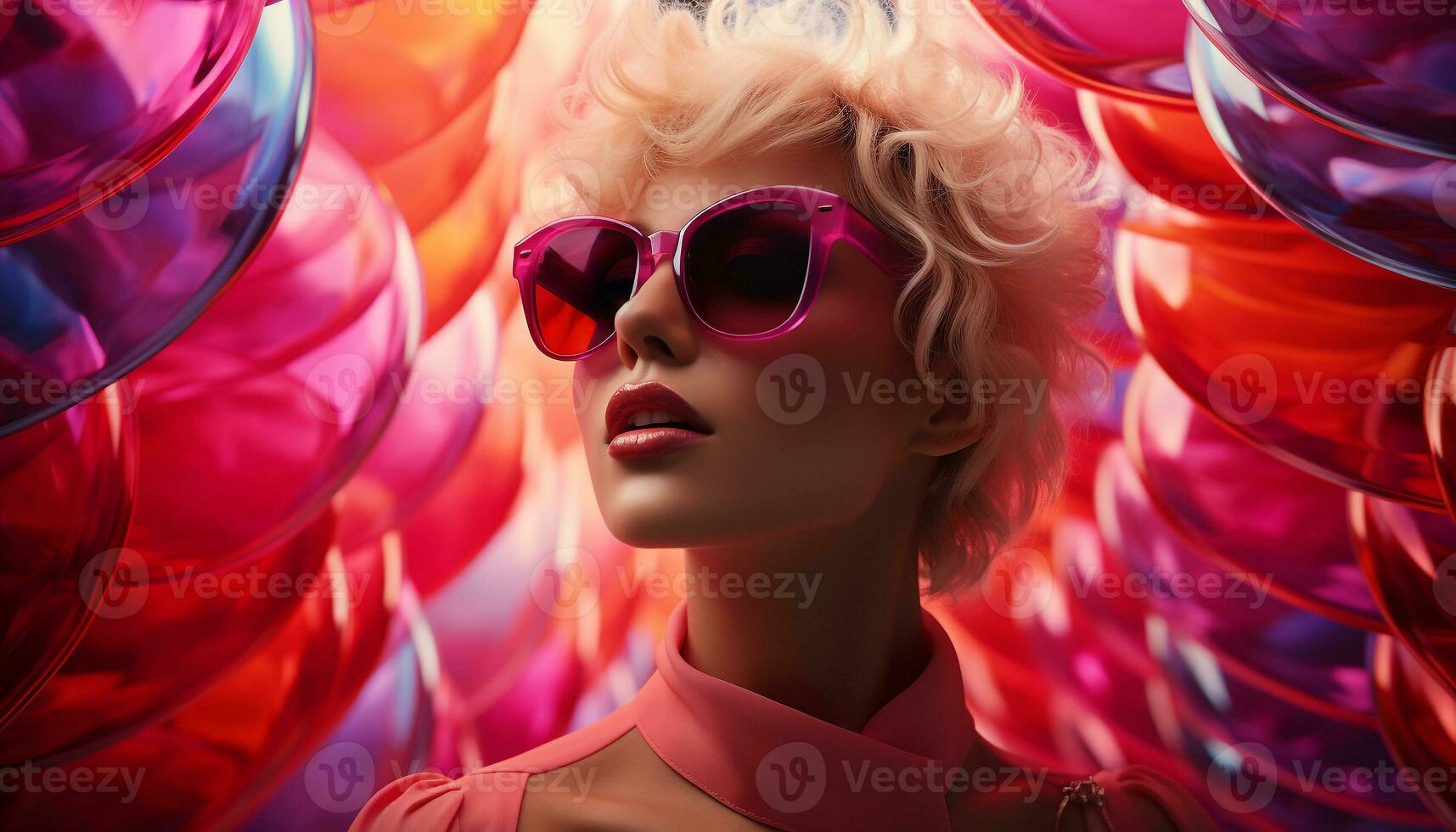 Young adult woman with blond hair wearing sunglasses and looking glamorous generated by AI photo