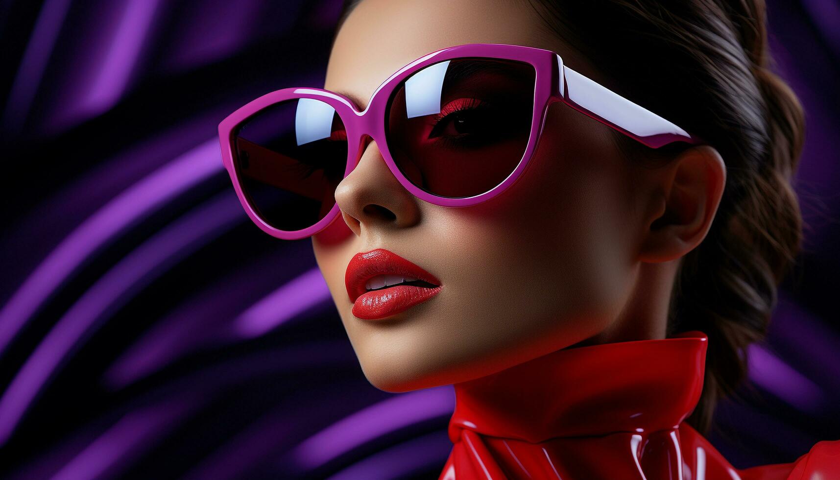 joven adulto Moda modelo con púrpura lápiz labial y Gafas de sol generado por ai foto