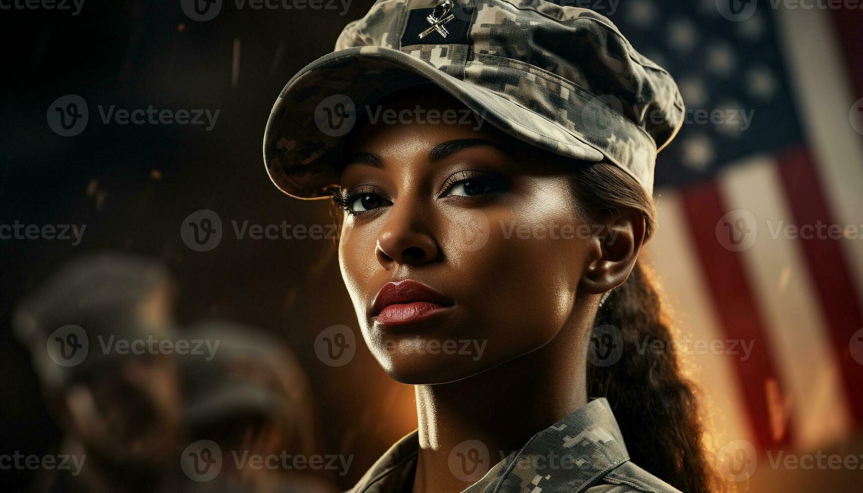 Young woman in army uniform looking confidently at camera generated by AI photo