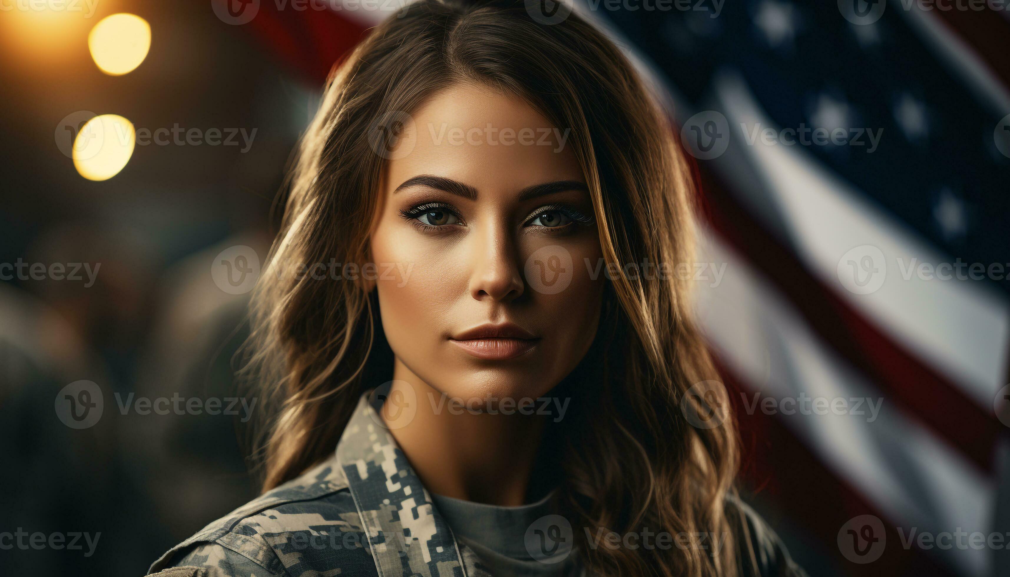 A confident young woman, the epitome of beauty and elegance, standing  outdoors, looking at the camera with a patriotic American flag in the  background generated by AI 30484552 Stock Photo at Vecteezy