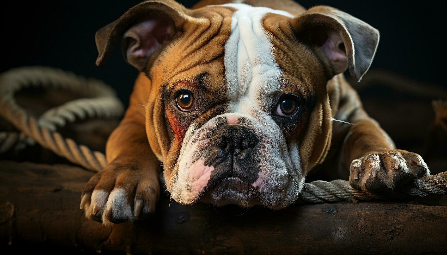 Cute bulldog puppy sitting, looking sad, indoors, close up generated by AI photo