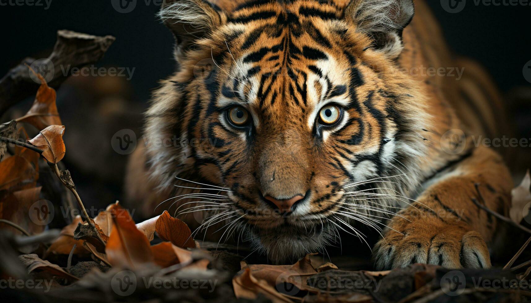 majestuoso Bengala tigre, cerca arriba retrato, curioso con vigilancia generado por ai foto