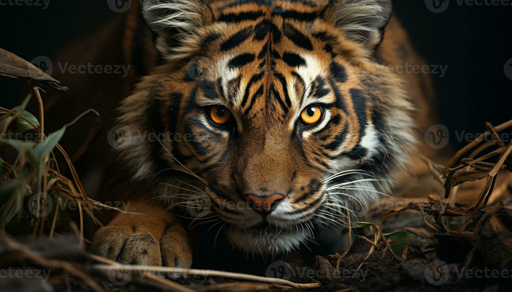 Bengal tiger, fierce and beautiful, stares into the forest generated by AI photo