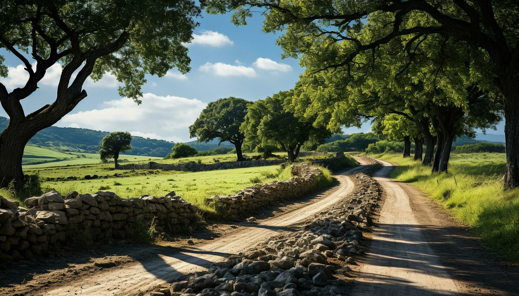 Tranquil meadow, green forest, autumn leaves, country road generated by AI photo