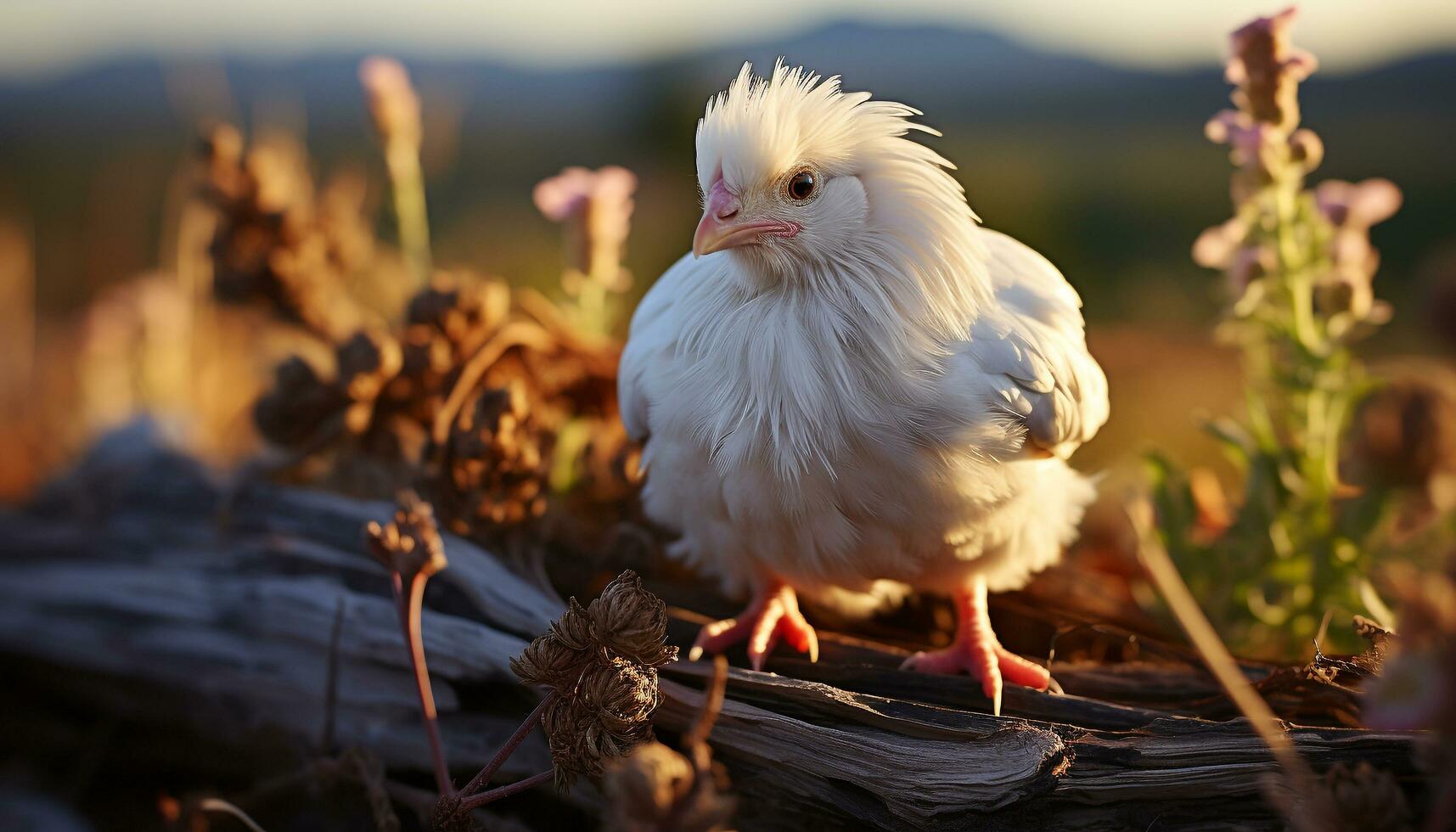 Cute baby chicken standing in meadow, enjoying nature beauty generated by AI photo