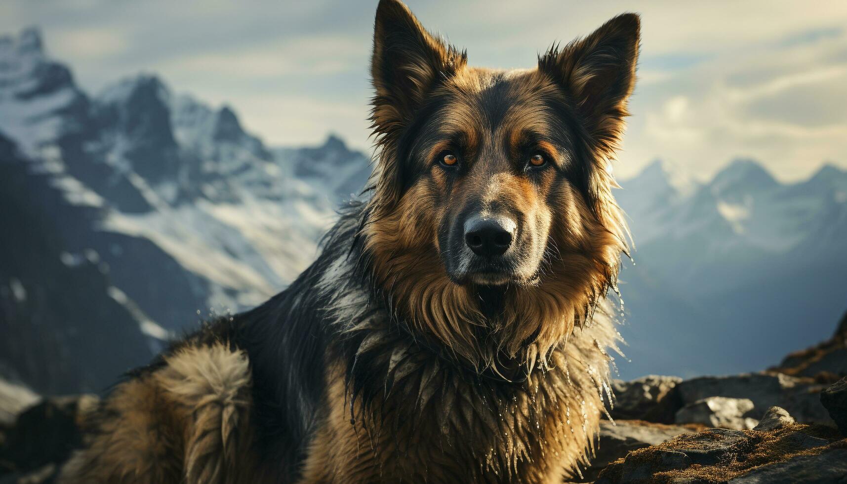 German Shepherd sitting in the snow, looking at camera generated by AI photo