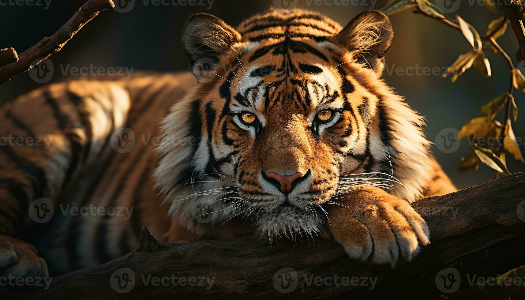 Bengal tiger, majestic and fierce, stares into the camera generated by AI photo