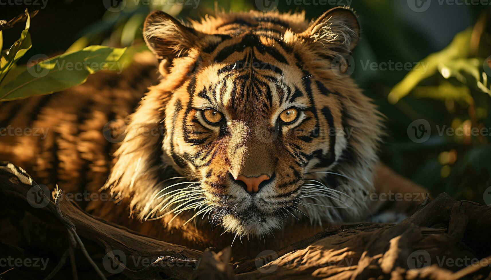 Bengala Tigre curioso, majestuoso, ocultación en tropical selva generado por ai foto