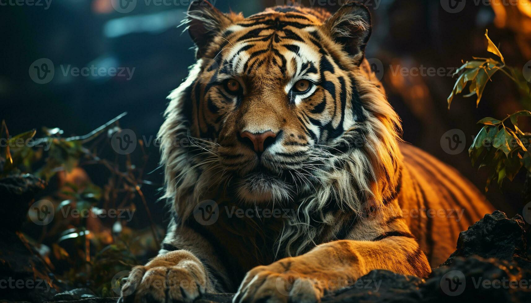 Majestic tiger, wild beauty, staring, tranquil scene, nature aggression generated by AI photo