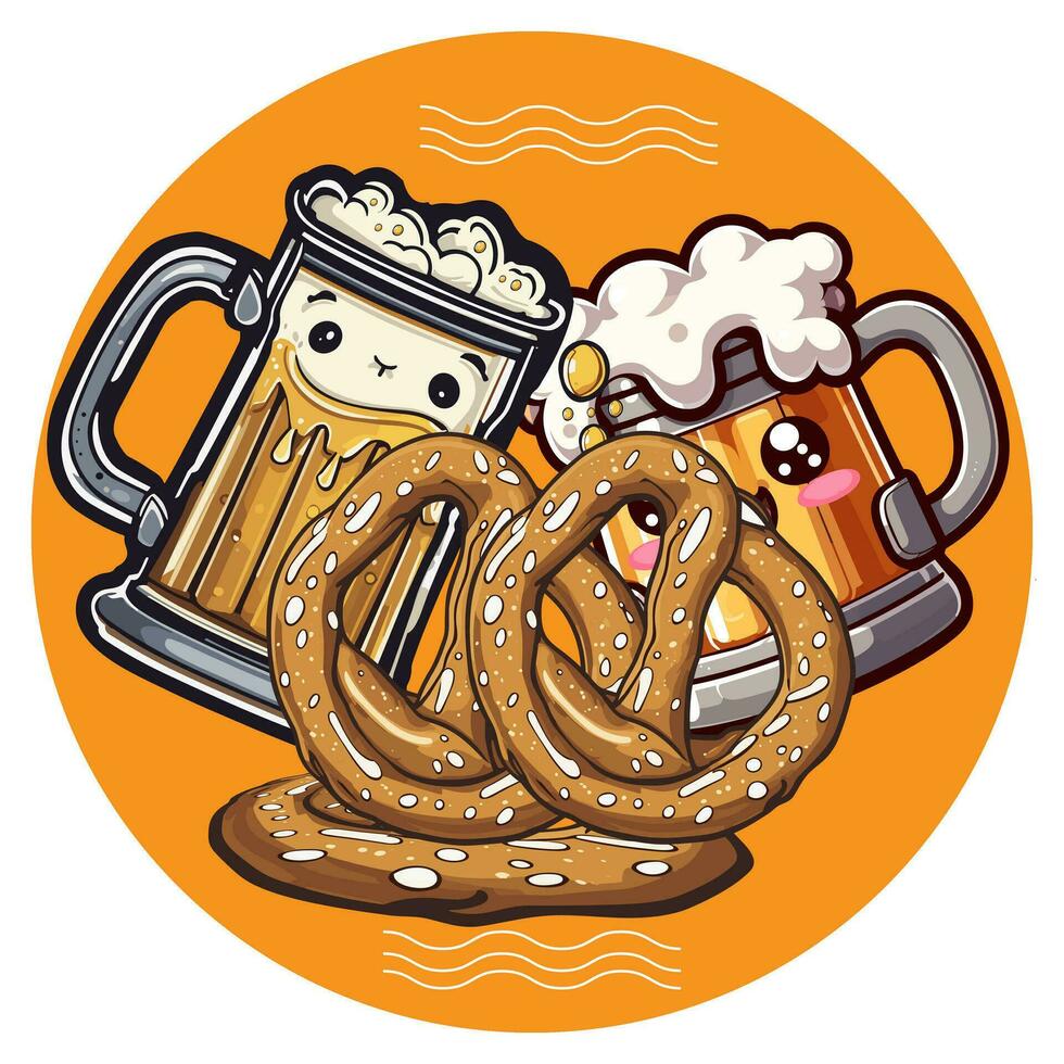 Octoberfest Holiday Background with Pretzel and Beer stein glass. Celebrated German Octoberfest day party Bavaria festival Banner. Beer mug, Giant pretzel, Mug with foam Traditional food of Germany. vector