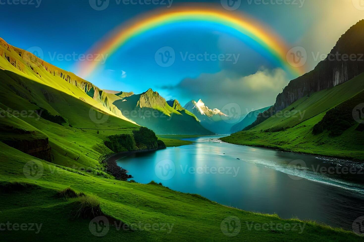 A phenomenal waterfall included by well off greenery and a rainbow shaping in its fog. photo
