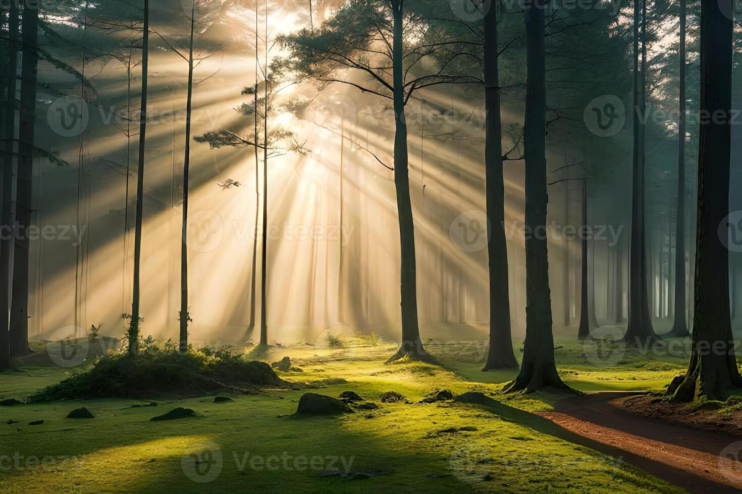 A calm morning see of a foggy timberland with bars of sunshine entering through the trees. photo
