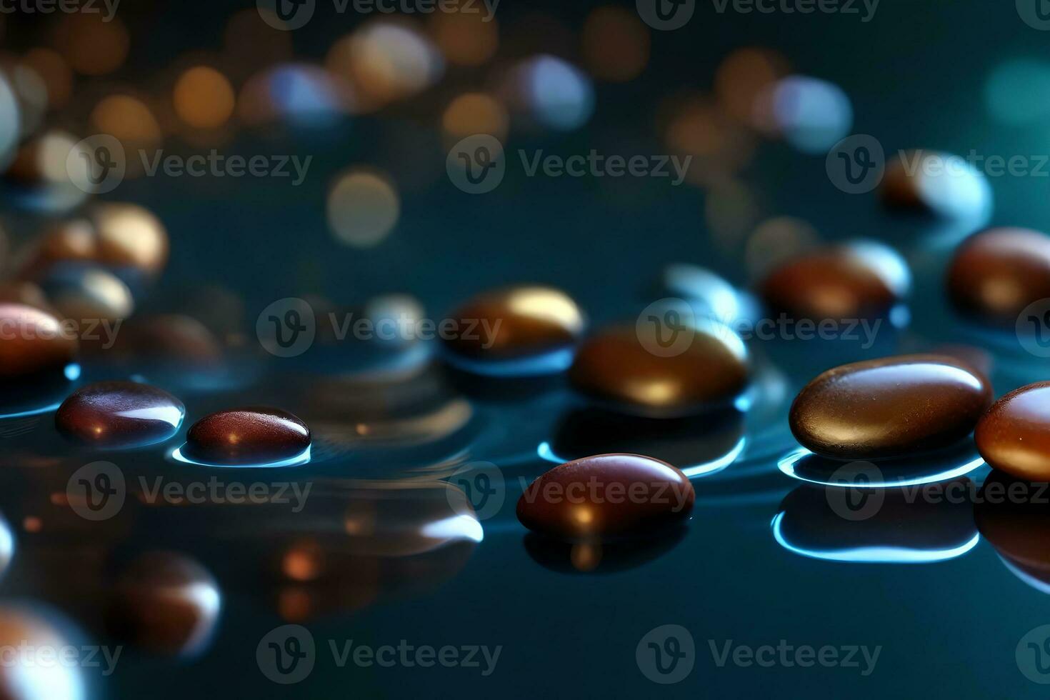 Stones on water large scale, dynamic in studio light. Magical reflections weave an charming story. Creative resource, AI Generated photo