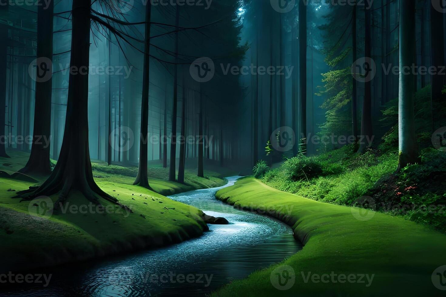 An enchanting afforest illuminated by the finespun luminescence of firefly during a attract Nox. Creative resource, photo