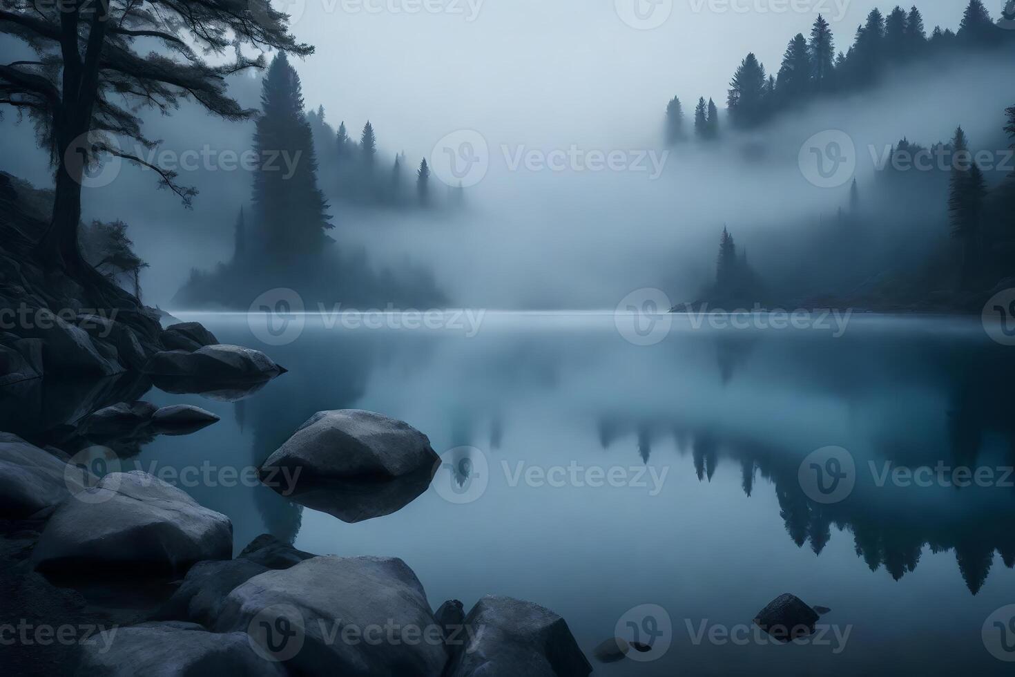 In the morning, the lake has fog. The misty air makes the lake look magical and calm, with different shades of gray and blue.. Creative resource, photo