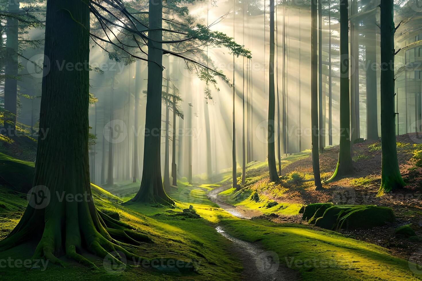 A quiet morning see of a foggy woodland with beams of daylight penetrating through the trees. photo
