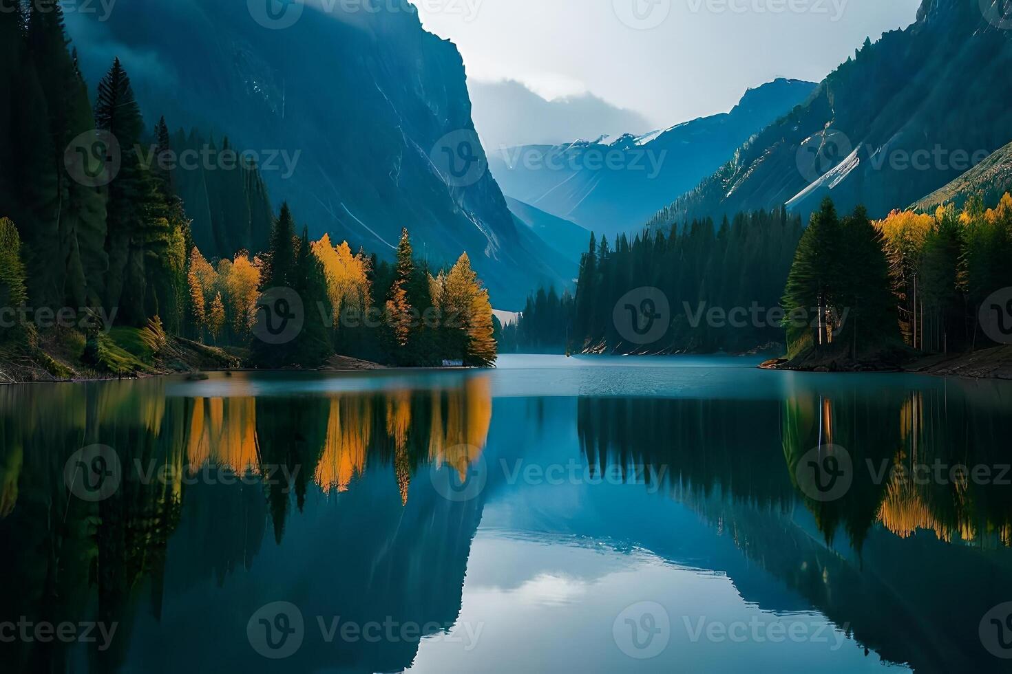 A cloudiness secured mountain lake with evergreen trees reflected on its sparkly surface. photo