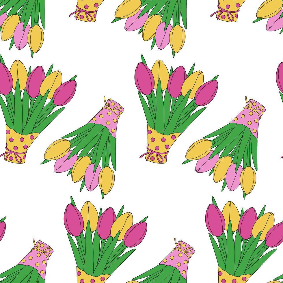 Abstract seamless pattern of spring tulip bouquets in multi colored wrapping paper in trendy shades vector