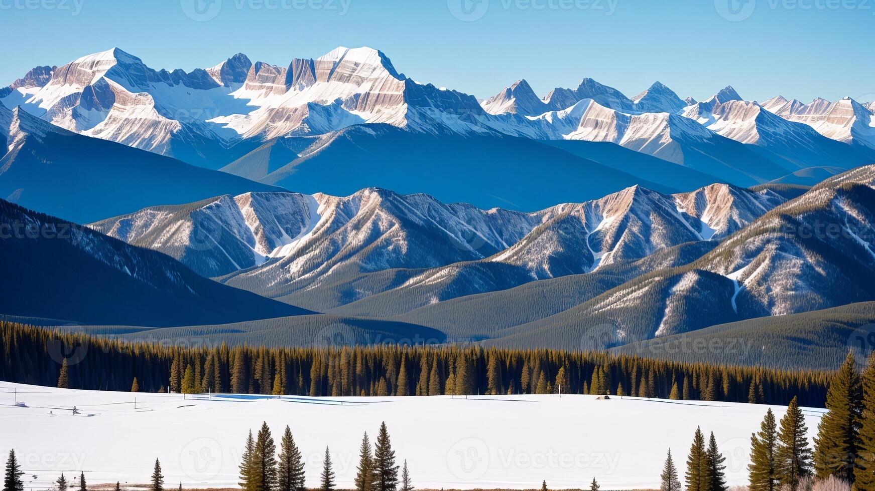 Excellent shot of rough mountains secured in white snow. photo
