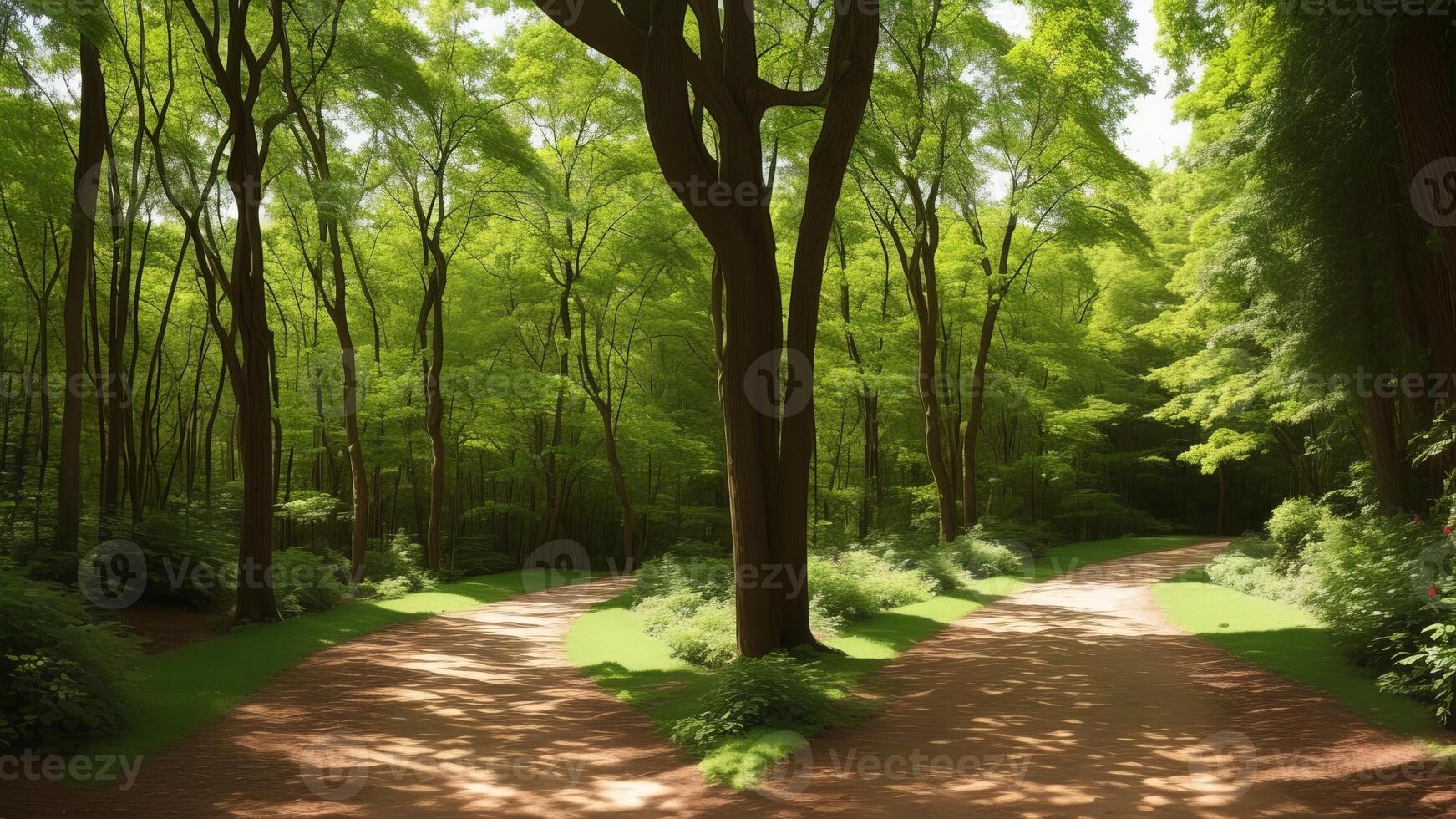 winding timberland pathway, dappled with daylight and included by over the top greenery. photo