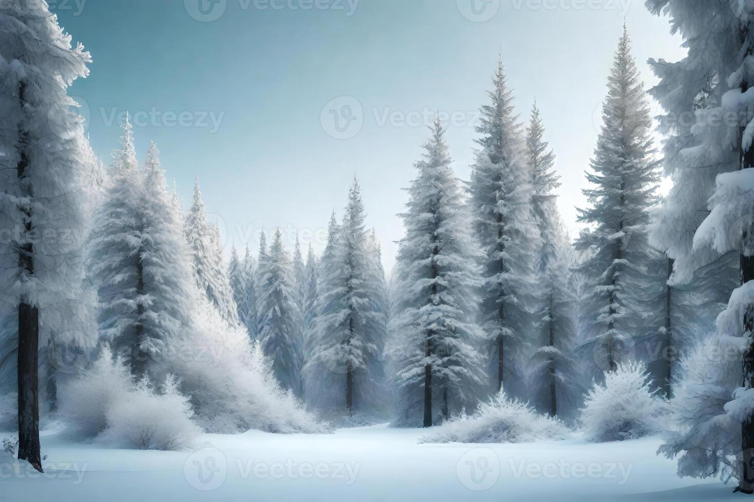 a calm winter scene of snow secured evergreen trees standing in a calm woods. Creative resource, photo