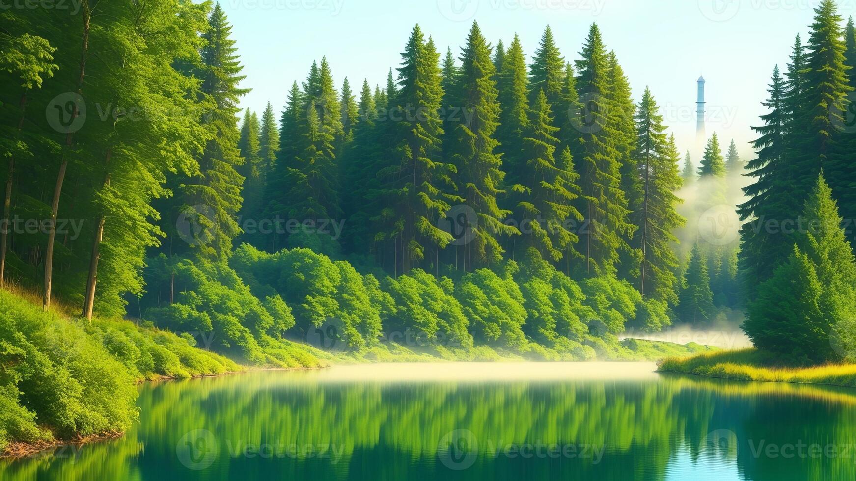 A calm lake with tall green trees and fog around it. Illustration, photo
