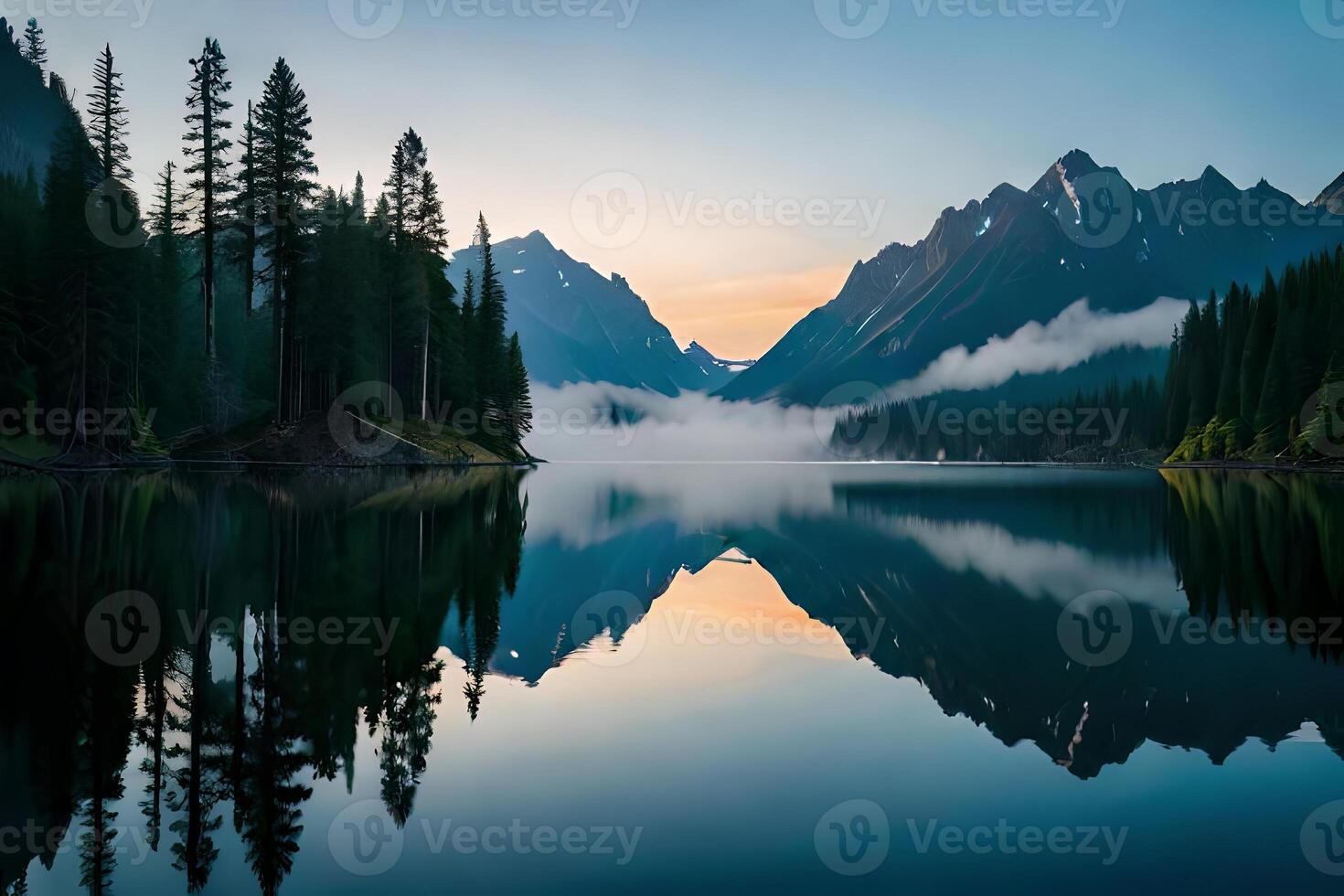 A cloudiness secured mountain lake with evergreen trees reflected on its sparkly surface. photo