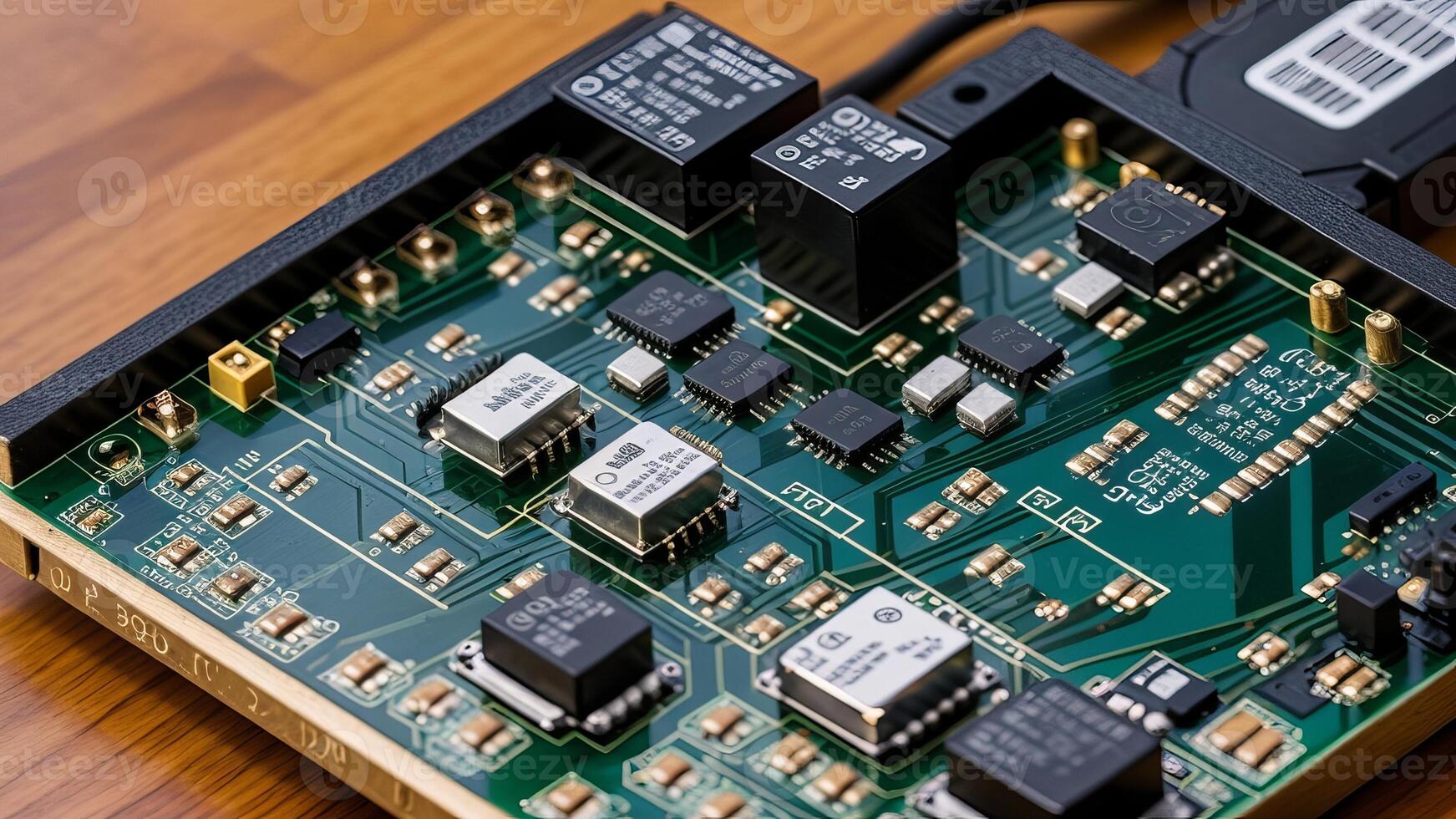 electronic board close-up, contraptions and conductors. photo