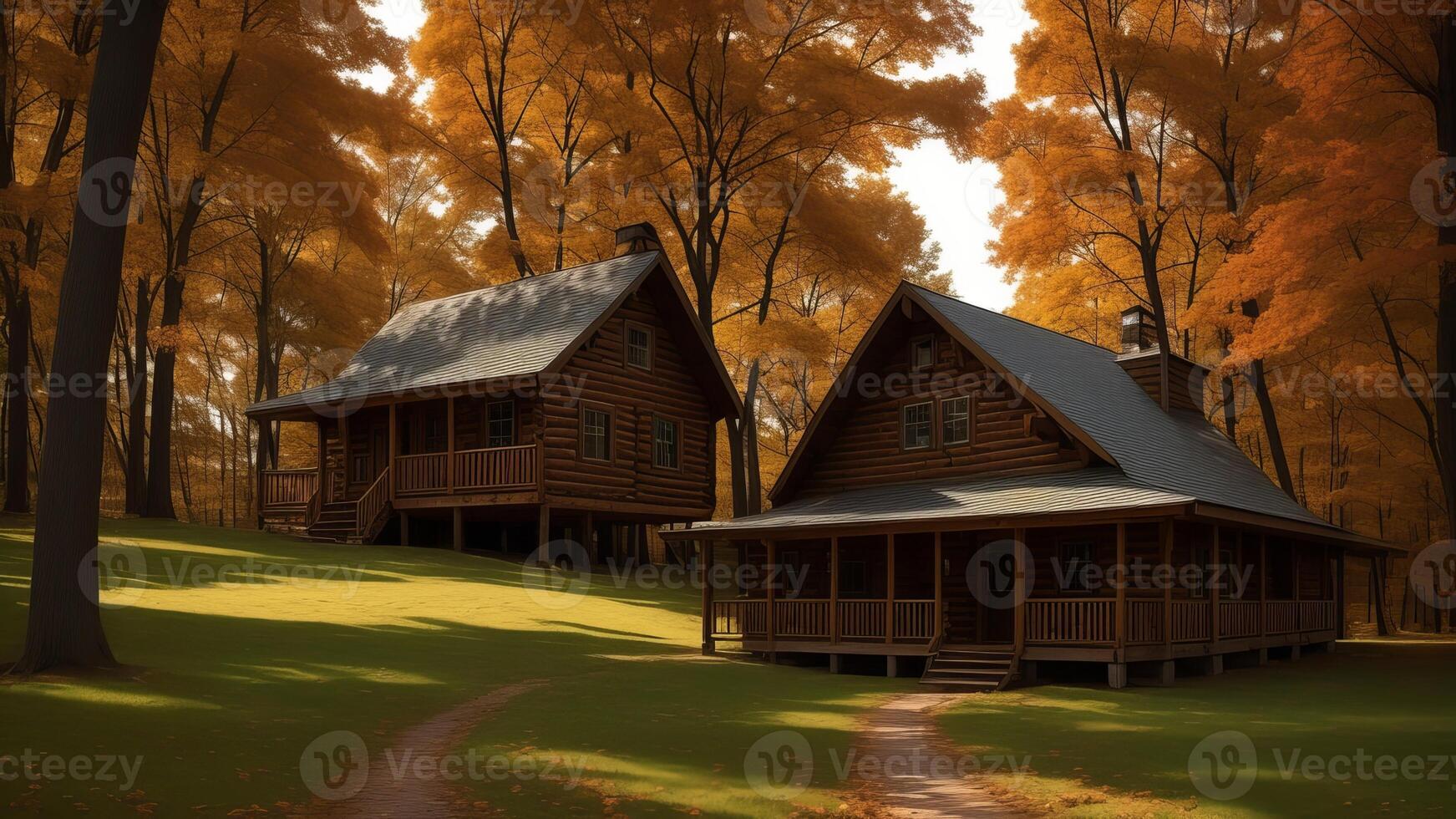 common cabin settled within the middle of tall trees and included by a carpet of collect time takes off. photo