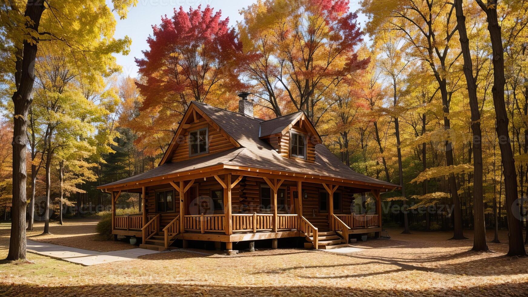 common cabin settled insides the center of tall trees and included by a carpet of collect time takes off. photo