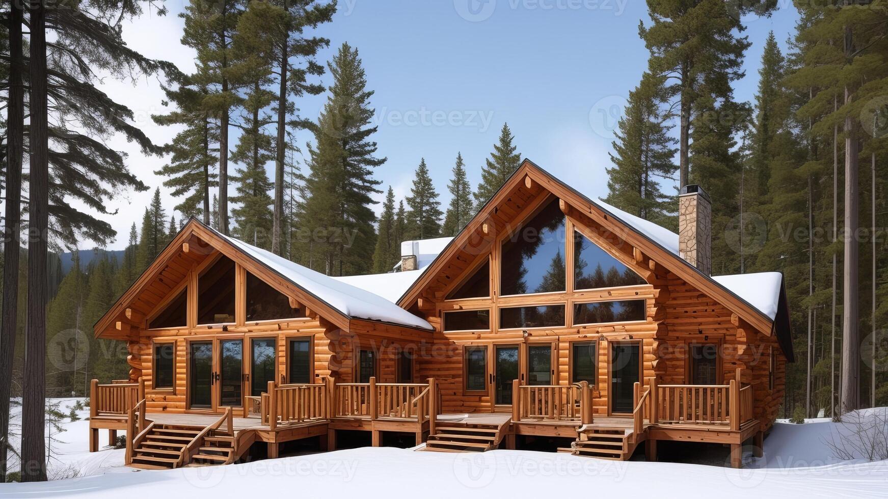 Cozy Cabin Pull back. Arrange a wonderful cabin settled within the middle of covered mountains. photo