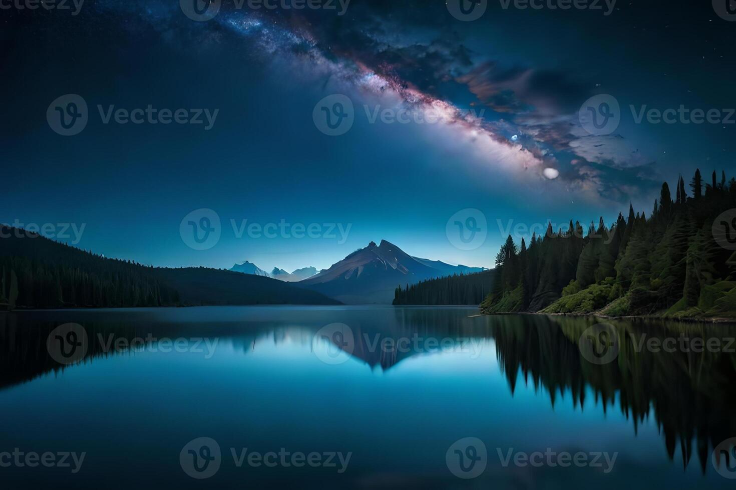 A mesmerizing night sky over a calm lake, reflecting the stars and the Smooth Way. photo