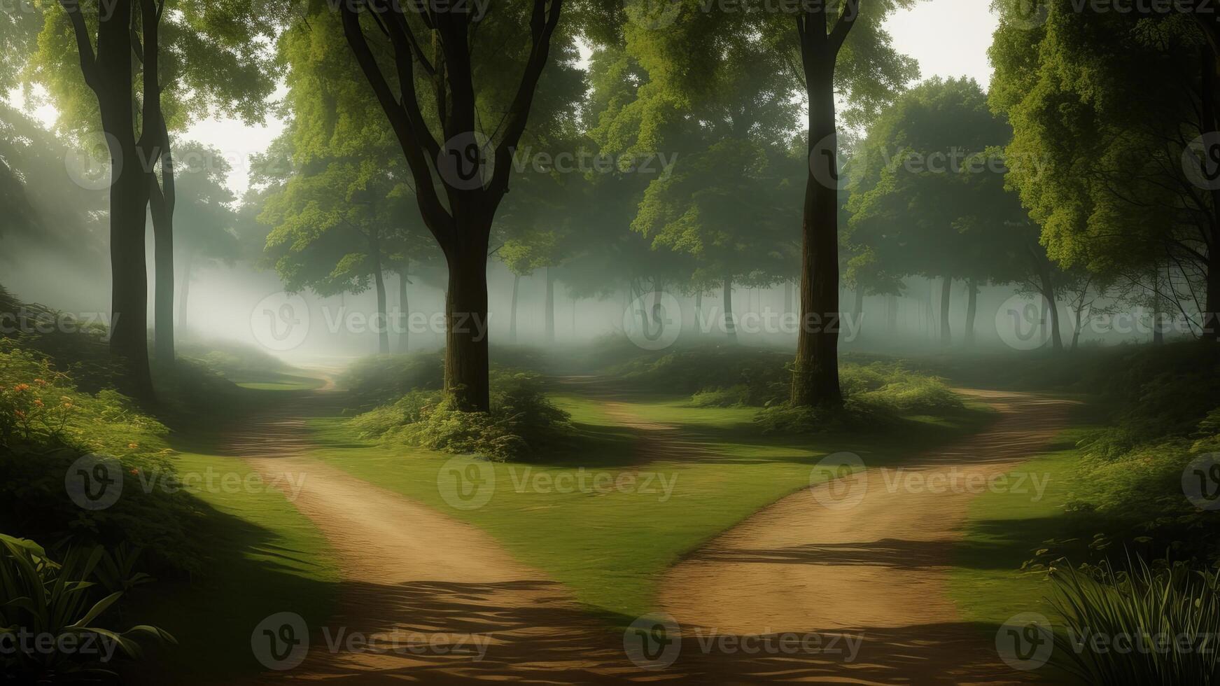 winding timberland pathway, dappled with daylight and included by over the beat greenery. photo