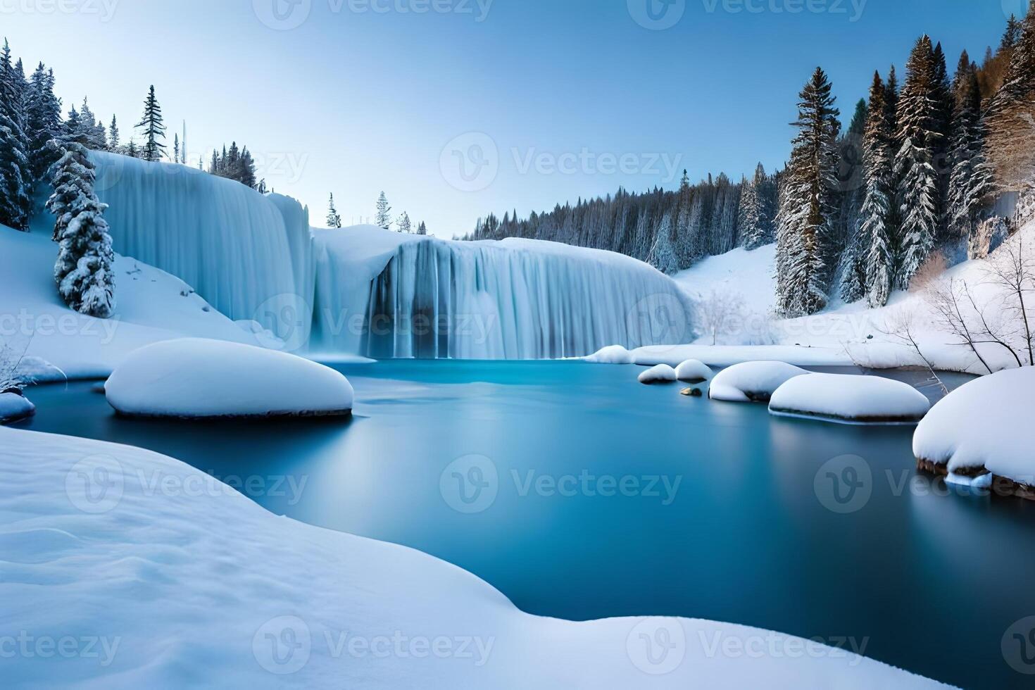 A cemented waterfall taking after a fundamental stone shape in a winter wonderland. photo