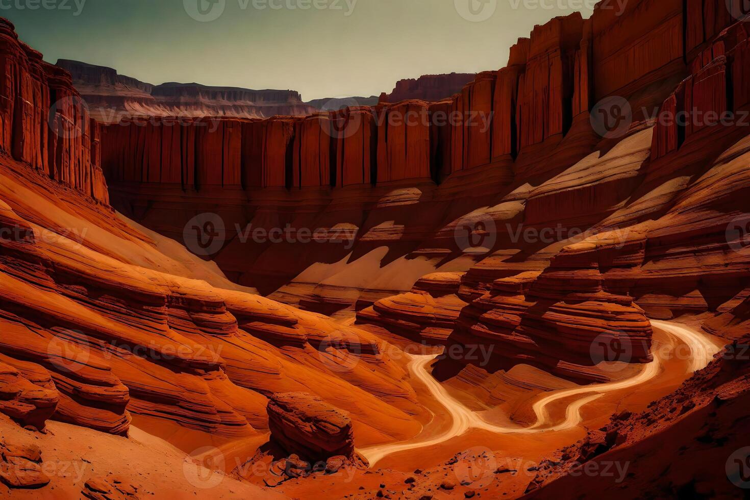 A stunning view of a deep canyon painted in shades of reddish-brown colors, which leaves people feeling amazed.. Creative resource, photo