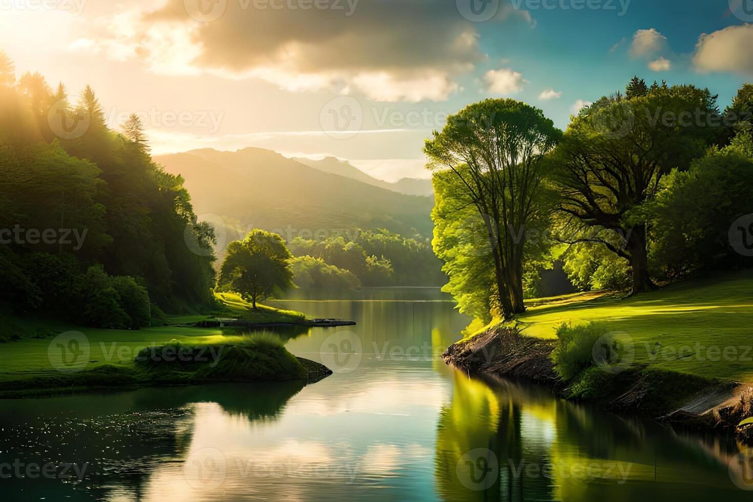 A calm stream softly winding through a luxurious green scene with overhanging trees. photo