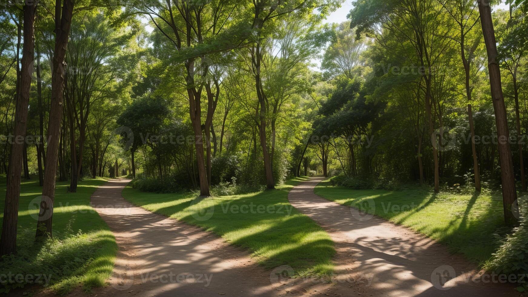 winding timberland pathway, dappled with daylight and included by over the beat greenery. photo